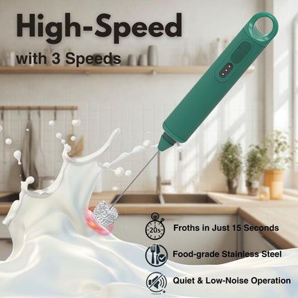 Rechargeable Milk Frother - Handheld Electric Milk Frother with 3 Speeds and 3 Interchangeable Beaters - For Coffee, Latte, Cappuccino, Eggs, Hot Chocolate - USB, Portable, Green.