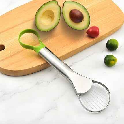 Avocado Slicer – 3-in-1 Avocado Cutting and Pitting Tool – Stainless Steel Pitter, Slicer and Spoon – Multifunctional Fruit Slicer with Green Handle – Kitchen Tool.