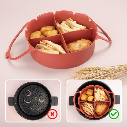 Airfryer Accessories – Airfryer Baking Tray – Silicone Airfryer Basket Liner with Four-Compartment Divider – Oven Safe Grilling Mats – Silicone Airfryer Bowl for Baking & Cooking – Gray – 1 Piece.