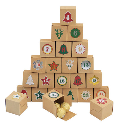 Christmas Box – Candy Boxes – Advent Calendar 1-24 Set – Refillable Countdown Box with Kraft Paper Boxes & Empty PVC Candy Containers for DIY Christmas Decoration & Gifts.
