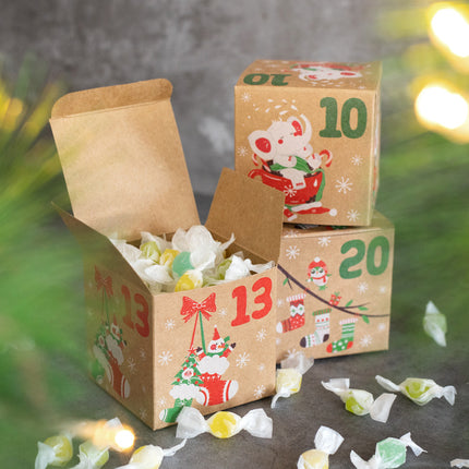 Christmas Box – Candy Boxes – 24 Piece Advent Calendar Gift Box Set – 7x7x7 cm Paper Countdown Boxes with Santa Claus & Snowman Designs – Perfect for Chocolates, Sweets & Small Gifts.