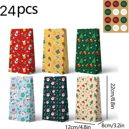 Paper Gift Bags – Christmas Gift Bags – 24 Count Christmas Gift Bags – Kraft Paper Christmas Bags with Festive Designs – Perfect for Small Presents, Sweets & Party Favors – With Stickers for Easy Sealing.