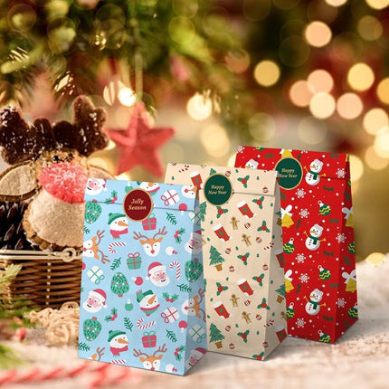 Paper Gift Bags – Christmas Gift Bags – 24 Count Christmas Gift Bags – Kraft Paper Christmas Bags with Festive Designs – Perfect for Small Presents, Sweets & Party Favors – With Stickers for Easy Sealing.