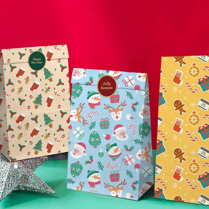 Paper Gift Bags – Christmas Gift Bags – 24 Count Christmas Gift Bags – Kraft Paper Christmas Bags with Festive Designs – Perfect for Small Presents, Sweets & Party Favors – With Stickers for Easy Sealing.