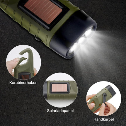 Emergency Flashlight - Military Clamp Rechargeable - Dynamo & Solar Powered - For Emergency Kits and Power Outages - Dark Green.