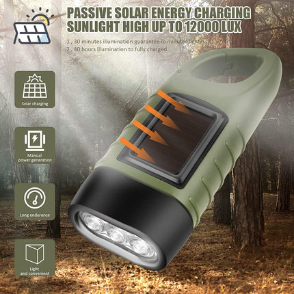 Emergency Flashlight - Military Clamp Rechargeable - Dynamo & Solar Powered - For Emergency Kits and Power Outages - Black.