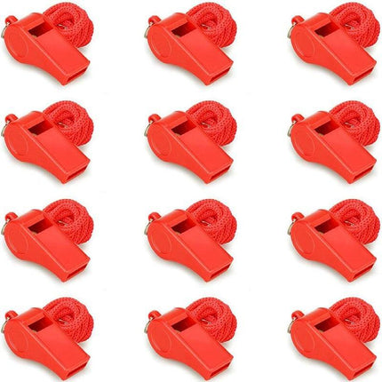 Emergency Whistles with Lanyard - Set of 12 - Loud & Clear Sound - Safety Whistles for Sports & Self-Defense - Red.