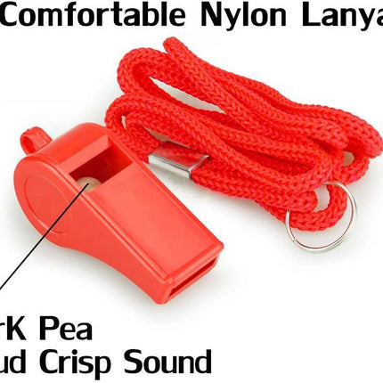 Emergency Whistles with Lanyard - Set of 12 - Loud & Clear Sound - Safety Whistles for Sports & Self-Defense - Red.