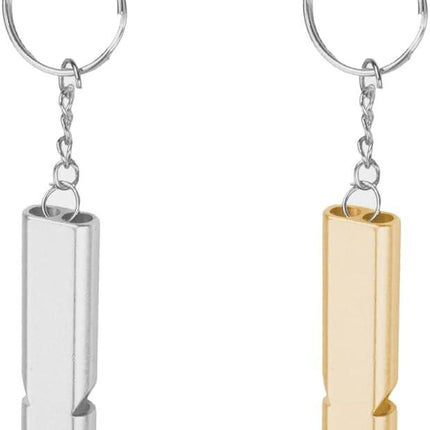 Metal Emergency Whistle - Set of 2 - With Keychain - Loud Signal for Sports, Outdoors & Safety - Silver and Gold.