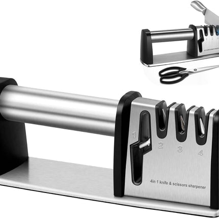 4-in-1 Knife Sharpener - With Scissor Sharpener - 3-Step Pull-Through Sharpener for Kitchen Knives - Anti-Slip & Ergonomic - Stainless Steel - Knife Sharpener.