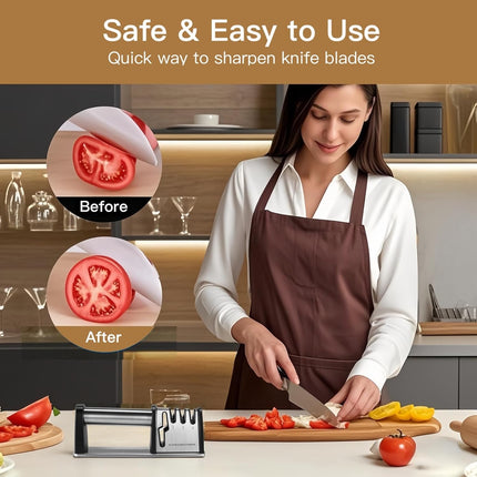 4-in-1 Knife Sharpener - With Scissor Sharpener - 3-Step Pull-Through Sharpener for Kitchen Knives - Anti-Slip & Ergonomic - Stainless Steel - Knife Sharpener.