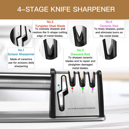 4-in-1 Knife Sharpener - With Scissor Sharpener - 3-Step Pull-Through Sharpener for Kitchen Knives - Anti-Slip & Ergonomic - Stainless Steel - Knife Sharpener.