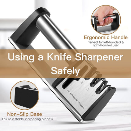 4-in-1 Knife Sharpener - With Scissor Sharpener - 3-Step Pull-Through Sharpener for Kitchen Knives - Anti-Slip & Ergonomic - Stainless Steel - Knife Sharpener.