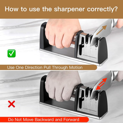 4-in-1 Knife Sharpener - With Scissor Sharpener - 3-Step Pull-Through Sharpener for Kitchen Knives - Anti-Slip & Ergonomic - Stainless Steel - Knife Sharpener.