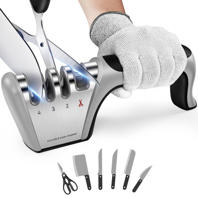 4-in-1 Knife Sharpener - Professional with Scissor Sharpener - 4-Position Pull-Through Sharpener for Kitchen Knives.