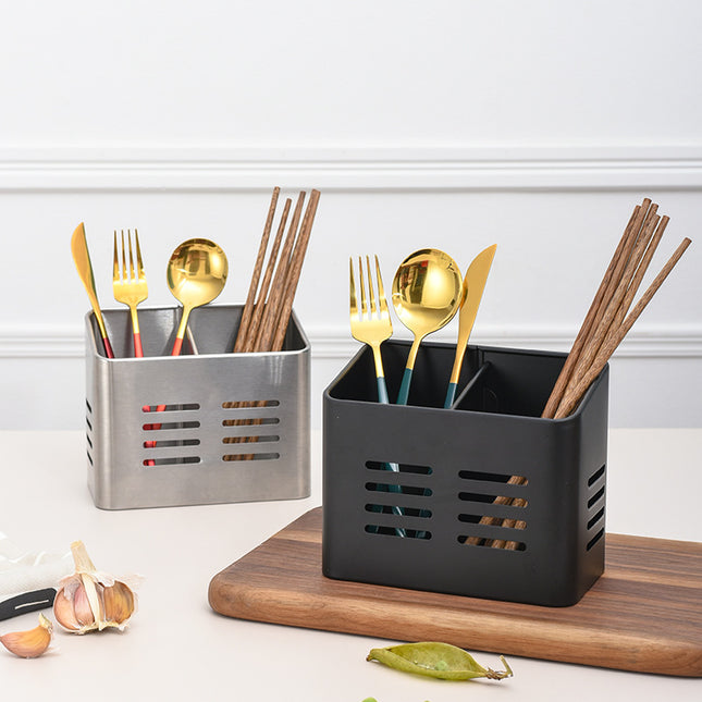 Set of 2 Cutlery Holders - Black & Silver - 430 Stainless Steel Cutlery Basket - Countertop Drainer - Modern & Rustproof.