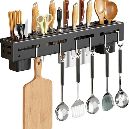 Stainless Steel Kitchen Rack No Drilling - Kitchen Rail with 6 Hooks - Self-Adhesive Hanging System - Kitchen Utensil Holder - Black.