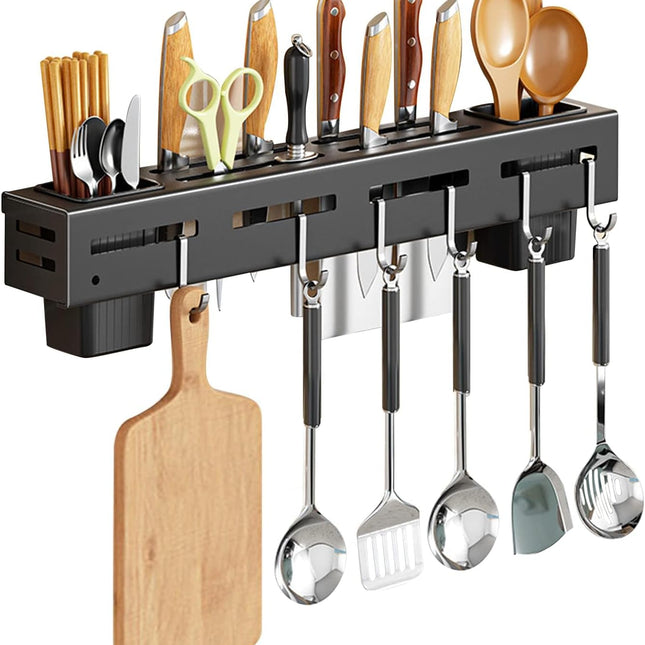 Stainless Steel Kitchen Rack No Drilling - Kitchen Rail with 6 Hooks - Self-Adhesive Hanging System - Kitchen Utensil Holder - Black.