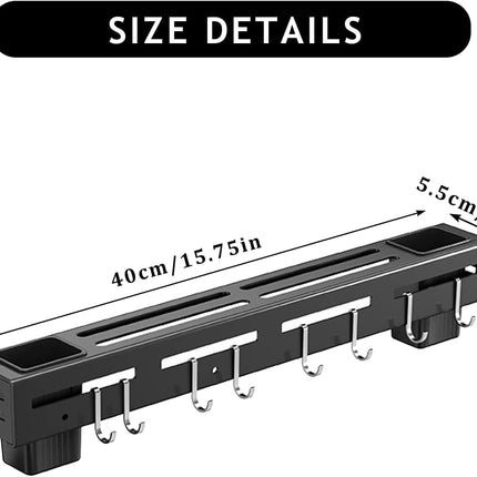 Stainless Steel Kitchen Rack No Drilling - Kitchen Rail with 6 Hooks - Self-Adhesive Hanging System - Kitchen Utensil Holder - Black.