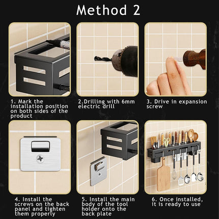 Stainless Steel Kitchen Rack No Drilling - Kitchen Rail with 6 Hooks - Self-Adhesive Hanging System - Kitchen Utensil Holder - Black.