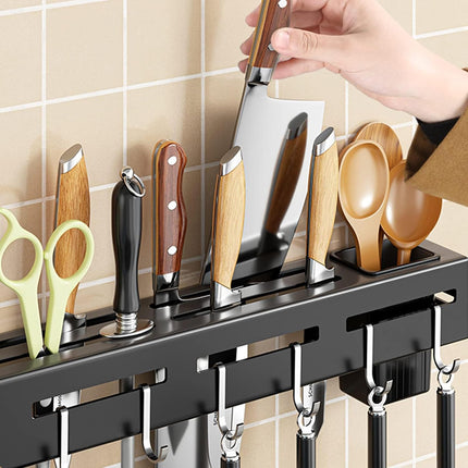 Stainless Steel Kitchen Rack No Drilling - Kitchen Rail with 6 Hooks - Self-Adhesive Hanging System - Kitchen Utensil Holder - Black.