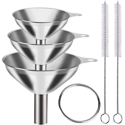 Stainless Steel Funnel Set of 3 - Includes 2 Cleaning Brushes - Kitchen Funnels with Handle - For Liquids, Oil & Spices.