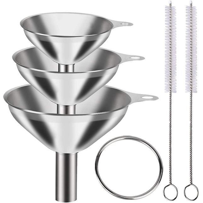 Stainless Steel Funnel Set of 3 - Includes 2 Cleaning Brushes - Kitchen Funnels with Handle - For Liquids, Oil & Spices.
