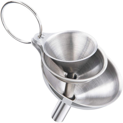 Stainless Steel Funnel Set of 3 - Includes 2 Cleaning Brushes - Kitchen Funnels with Handle - For Liquids, Oil & Spices.