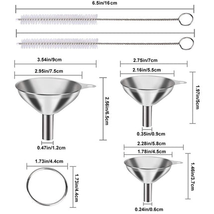 Stainless Steel Funnel Set of 3 - Includes 2 Cleaning Brushes - Kitchen Funnels with Handle - For Liquids, Oil & Spices.