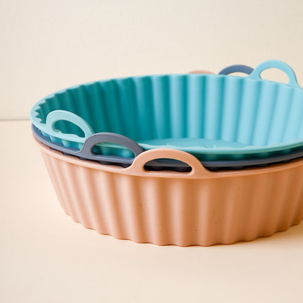Silicone Airfryer Basket Foldable - 3pc - Reusable Basket - Heat Resistant & Dishwasher Safe - Round.