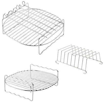 Airfryer Accessories Set 3-piece - Stainless Steel - Grill Rack with Skewers & Bread Rack - Universal - Silver.