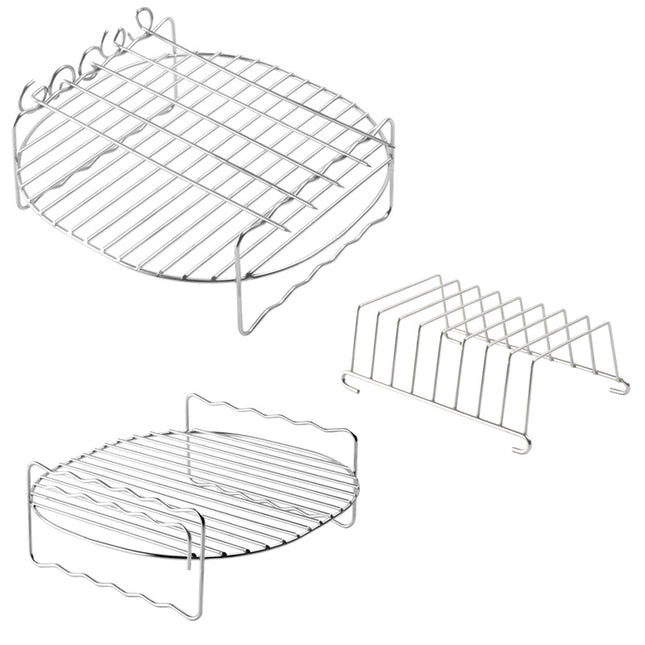 Airfryer Accessories Set 3-piece - Stainless Steel - Grill Rack with Skewers & Bread Rack - Universal - Silver.