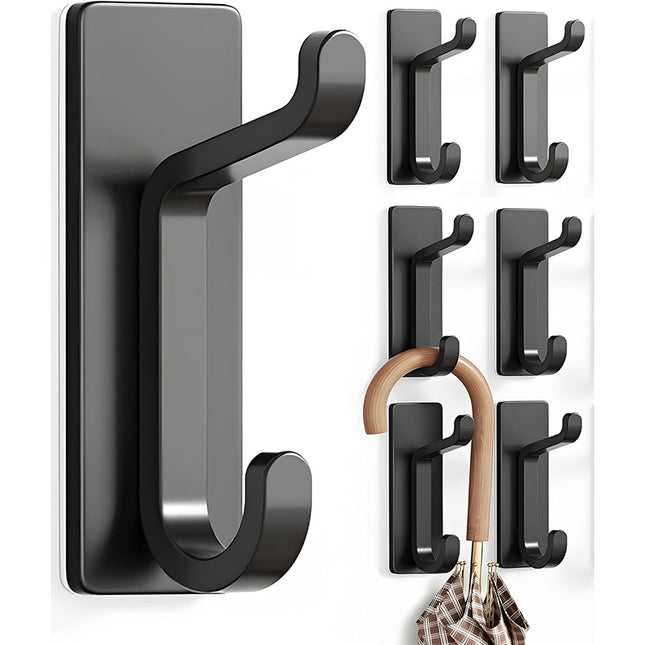Black Towel Hooks - Set of 6 - Self-Adhesive Wall Hooks - No Drilling Required - For Bathroom & Kitchen.