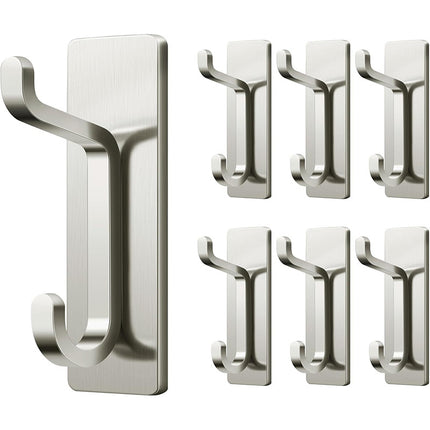 Silver Towel Hooks - Set of 6 - Self-Adhesive Wall Hooks - No Drilling Required - For Bathroom & Kitchen.