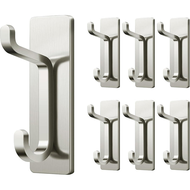 Silver Towel Hooks - Set of 6 - Self-Adhesive Wall Hooks - No Drilling Required - For Bathroom & Kitchen.