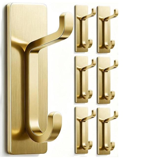 Towel Hooks Gold - Set of 6 - Self-Adhesive Wall Hooks - No Drilling - For Bathroom & Kitchen.