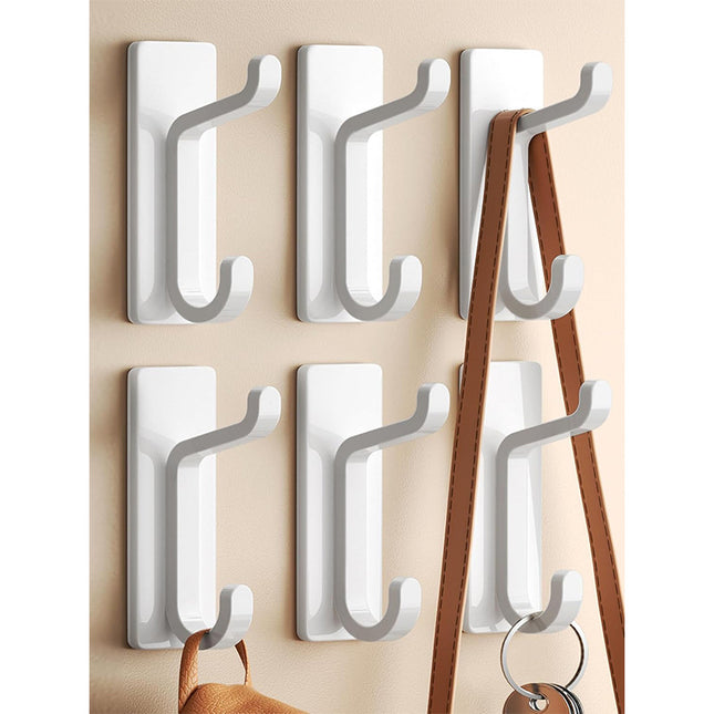 White Towel Hooks - Set of 6 - Self-Adhesive Wall Hooks - No Drilling Required - For Bathroom & Kitchen.
