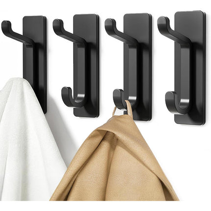 Black Towel Hooks - Set of 4 - Self-Adhesive Wall Hooks - No Drilling Required - For Bathroom & Kitchen.