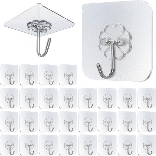 Self-Adhesive Hooks Transparent - Set of 30 - Wall Hooks No Drilling - For Bathroom & Kitchen.