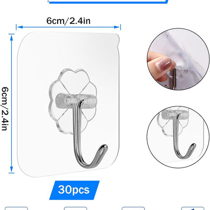 Self-Adhesive Hooks Transparent - Set of 30 - Wall Hooks No Drilling - For Bathroom & Kitchen.
