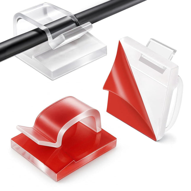 Cable Clips Transparent Red - Set of 60 - Self-Adhesive Cable Holders - For Christmas Lights & Cable Management - Indoor & Outdoor.