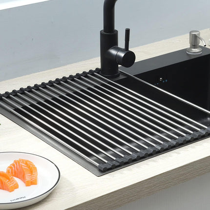 Roll-up Dish Draining Rack Black - 43 x 35 cm - Sink Roll Mat - Draining Grid for Dishes & Vegetables.
