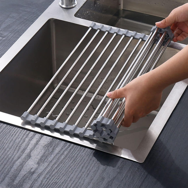Roll-up Dish Draining Rack Grey - 43 x 35 cm - Sink Roll Mat - Draining Grid for Dishes & Vegetables.