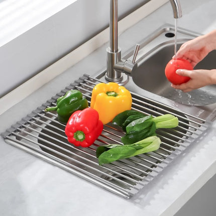 Roll-up Dish Draining Rack Grey - 43 x 35 cm - Sink Roll Mat - Draining Grid for Dishes & Vegetables.