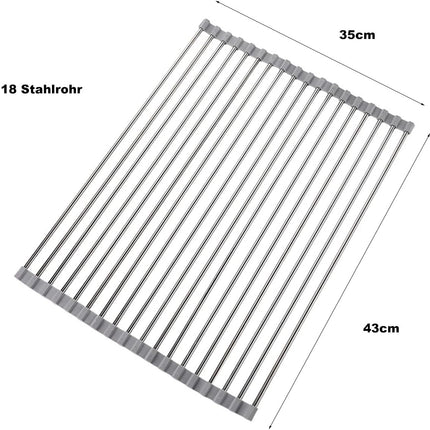 Roll-up Dish Draining Rack Grey - 43 x 35 cm - Sink Roll Mat - Draining Grid for Dishes & Vegetables.