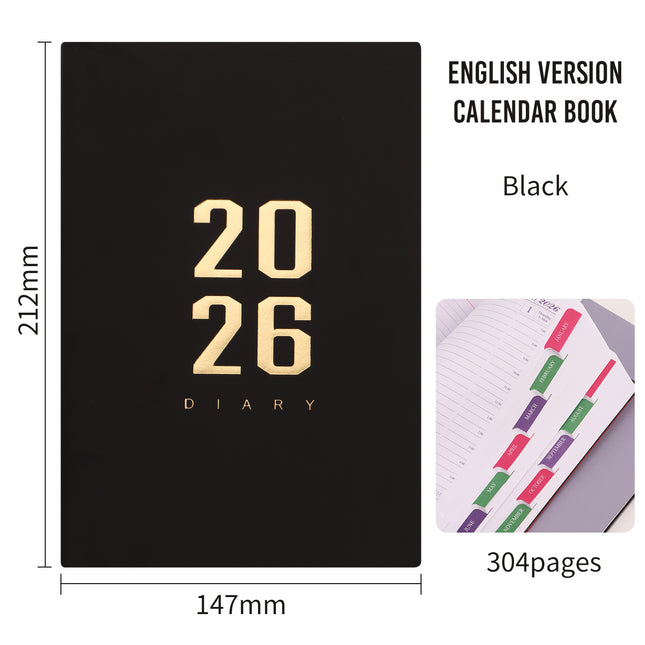Agenda 2026 - Daily Agenda - A5 Format - 1 Day per Page - 304 Pages - [Black] - Hardcover.