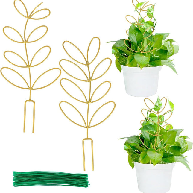 Plant Support Climbing Plants - Leaf-Shaped Plant Climbing Rack - Decorative Plant Stick for Indoors - Includes 20 Tie Straps - Gold.