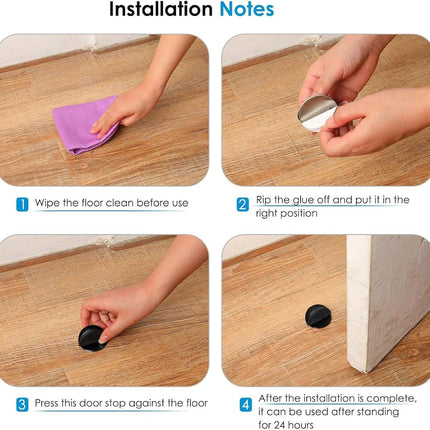 Door Stopper Floor Half Moon - Set of 2 - Black - Self-adhesive - No Drilling - Stainless Steel.
