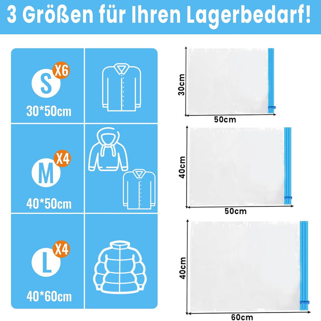 Roll Up Vacuum Bags for Travel - Pack of 14 - Clothing Compression Bags - No Pump Needed - 3 Sizes (35x50/40x50/40x60 cm).