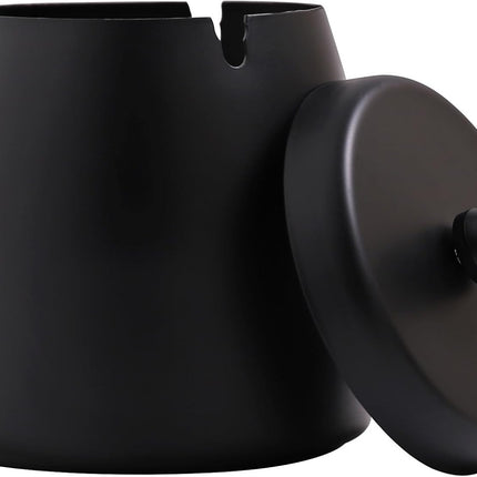 Stainless Steel Ashtray with Lid - Black - Ø 9 cm - Wind Ashtray for Outdoor & Indoor Use - Storm Ashtray.